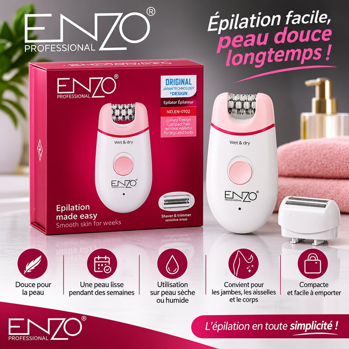 ENZO Épilateur Électrique 2 en 1 Rechargeable - EN-0102 - Image 1