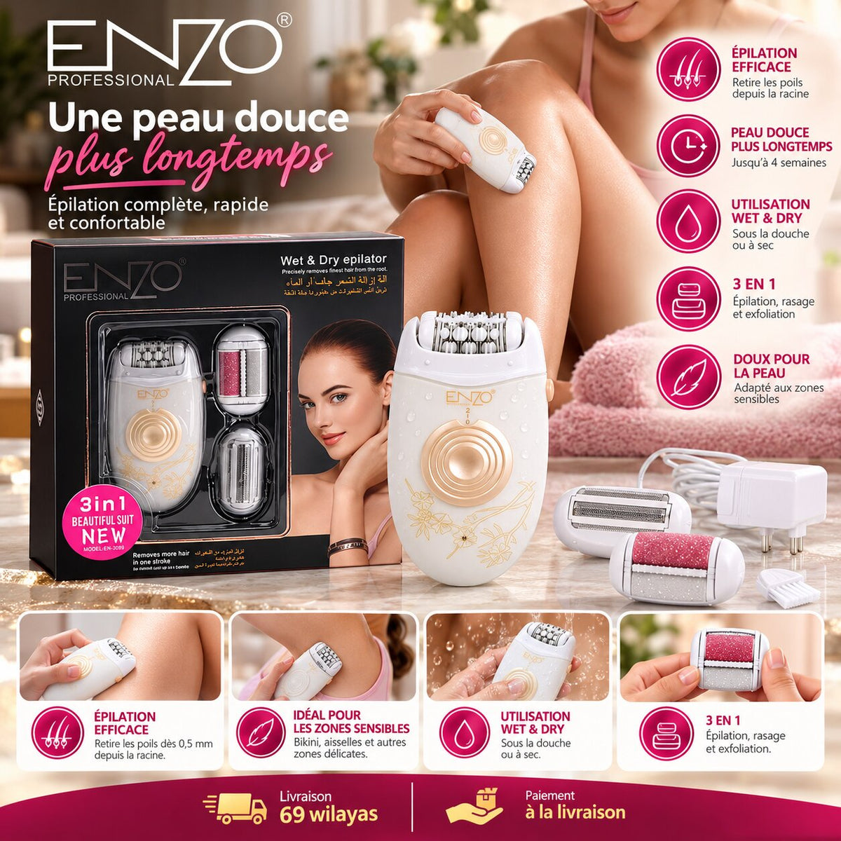 ENZO Épilateur et Rasoir Électrique 3 en 1 Rechargeable - EN-3089 - Image 1