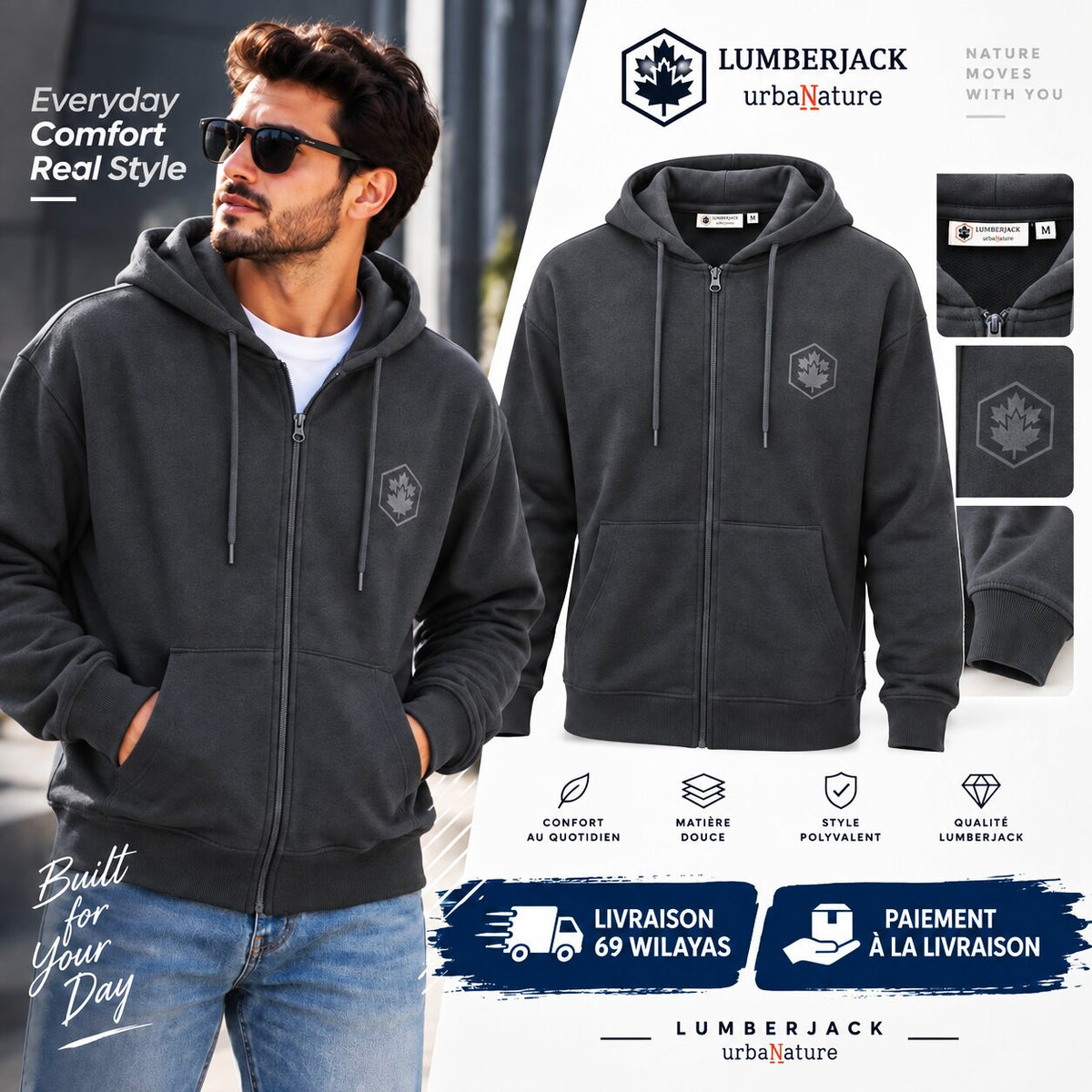 LUMBERJACK ZIP HOODIE - LBJ-00201-GRY - Image 1